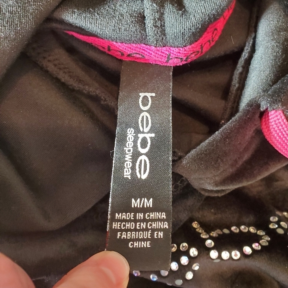 Bebe Women's Black and Pink Rhinestone Sleepwear Dress Velour Size Medium - Picture 5 of 17